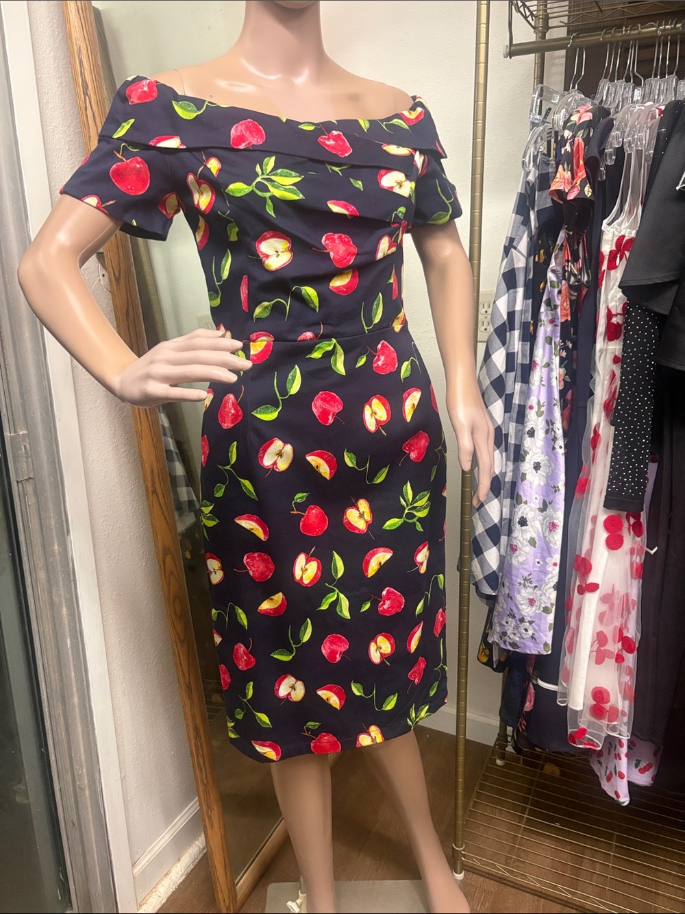 Off-Shoulder Navy Dress with Red Cherry Print